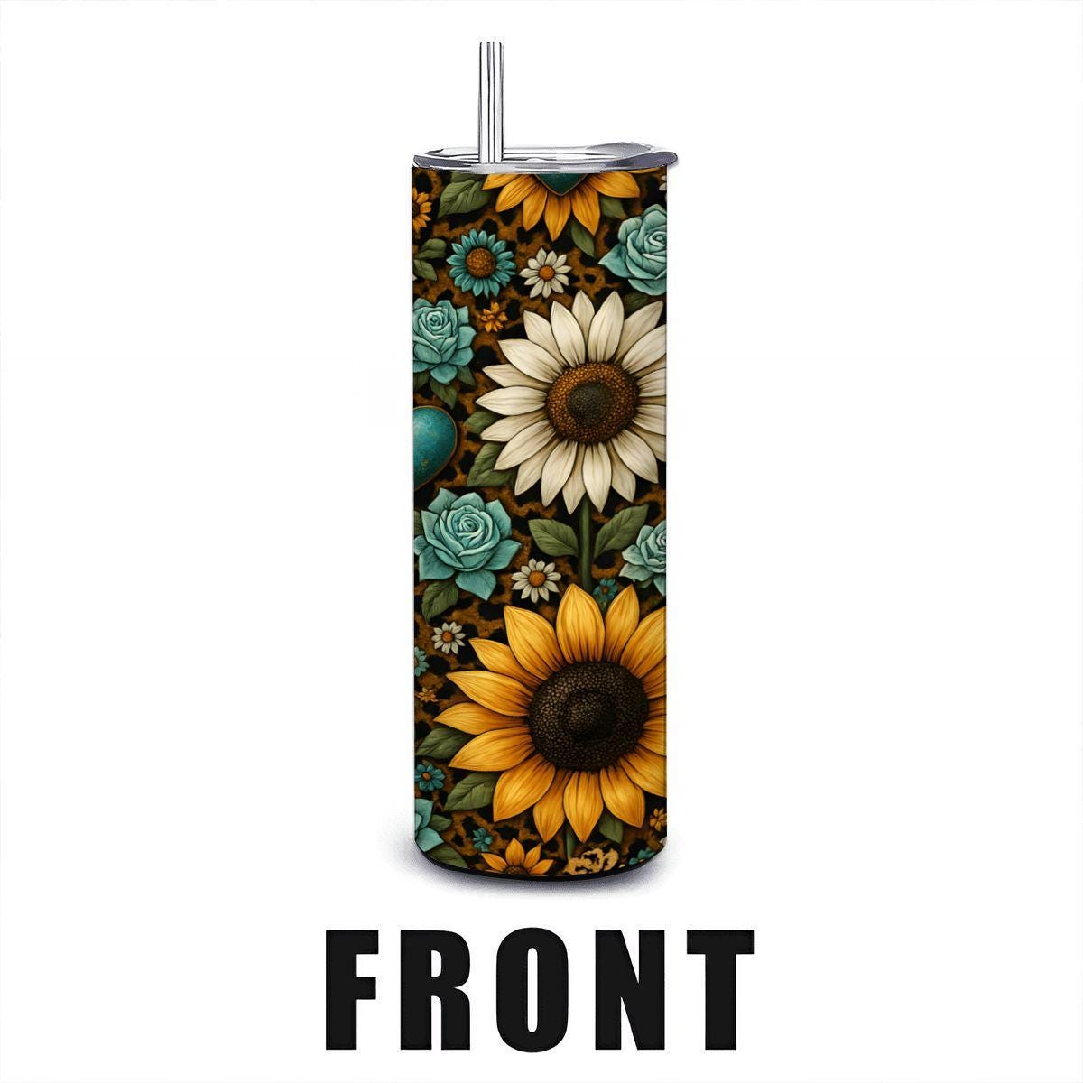 ColorFlow | Sunflower Turquoise Rose Tumbler | 20oz Stainless Steel | Boho Floral Heart Travel Mug | Insulated Cup with Straw