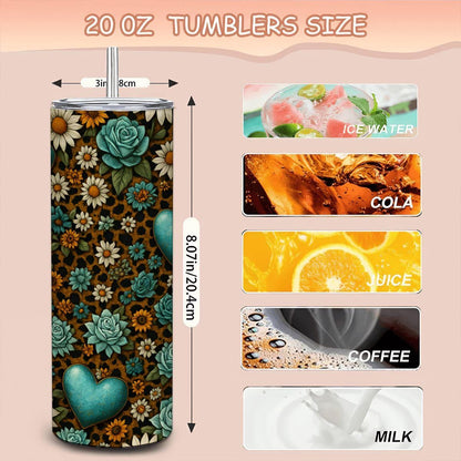 ColorFlow | Sunflower Turquoise Rose Tumbler | 20oz Stainless Steel | Boho Floral Heart Travel Mug | Insulated Cup with Straw