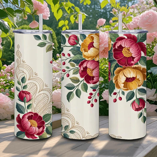 ColorFlow | Vintage Floral Bouquet Tumbler | 20oz Stainless Steel | Elegant Flower Insulated Mug | Artistic Cup with Straw
