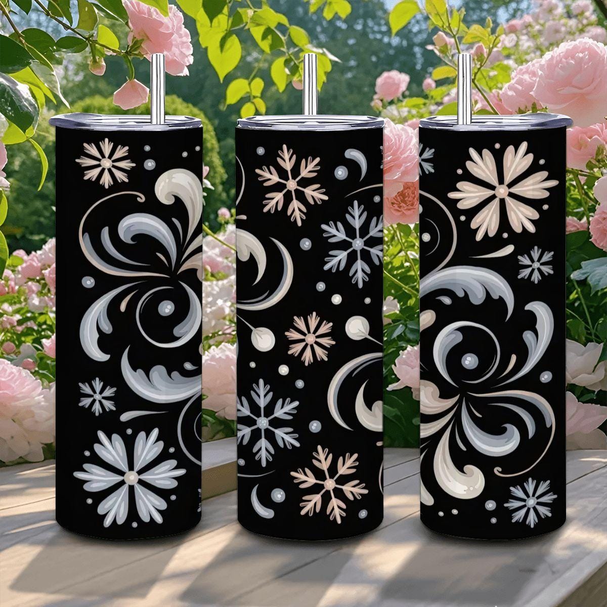 ColorFlow | Elegant Snowflake Swirl Tumbler | 20oz Stainless Steel | Winter Insulated Mug | Black Holiday Cup with Straw