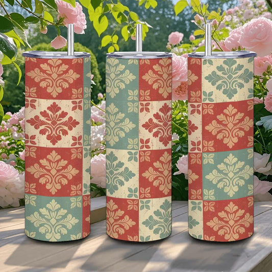 ColorFlow | Vintage Tile Damask Tumbler | 20oz Stainless Steel | Boho Pattern Insulated Mug | Retro Art Cup with Straw