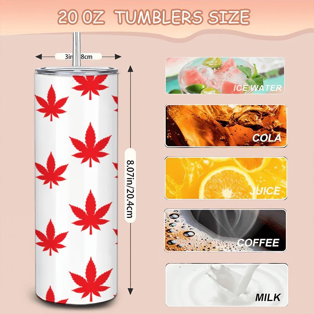 ColorFlow | Red Leaf Vibes Stainless Steel Tumbler 20oz | Marijuana Leaf Cup with Straw | Cannabis Gift for Coffee Lovers