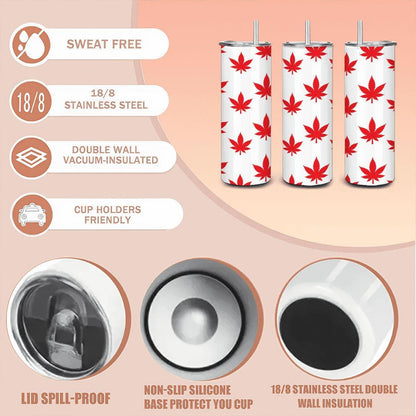 ColorFlow | Red Leaf Vibes Stainless Steel Tumbler 20oz | Marijuana Leaf Cup with Straw | Cannabis Gift for Coffee Lovers