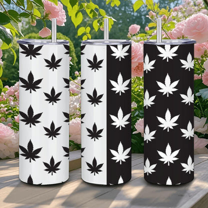 ColorFlow | Monochrome Leaf Stainless Steel Tumbler 20oz | Black White Cannabis Cup | Stoner Gift with Straw
