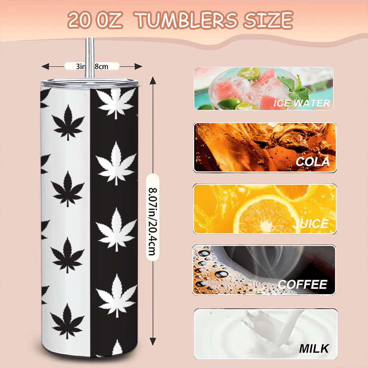 ColorFlow | Monochrome Leaf Stainless Steel Tumbler 20oz | Black White Cannabis Cup | Stoner Gift with Straw