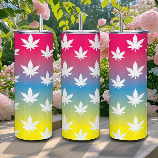 ColorFlow | Rainbow Haze Leaf Tumbler 20oz | Colorful Cannabis Stainless Steel Cup | Weed Gift with Straw