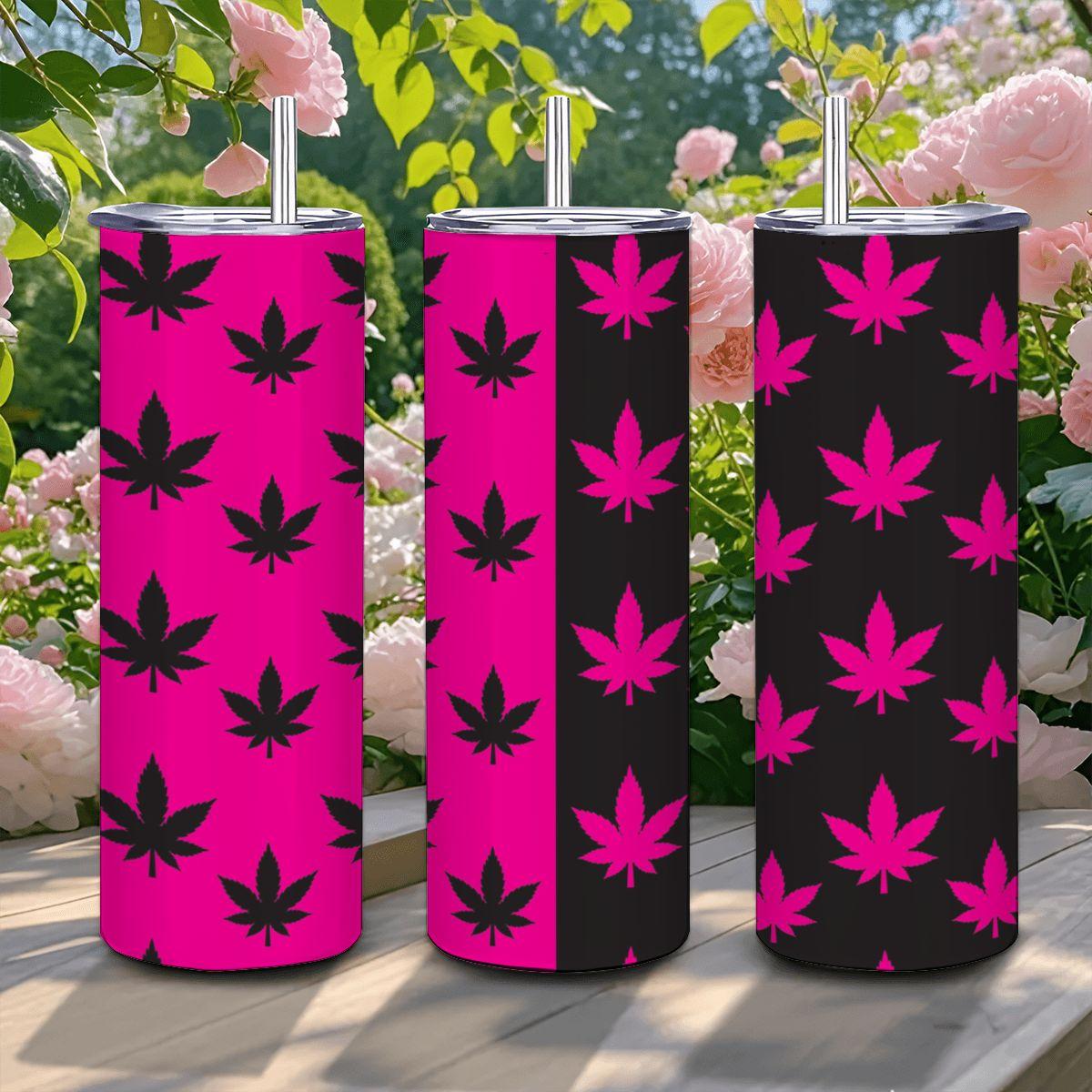 ColorFlow | Split Pink Leaf Tumbler 20oz | Neon Cannabis Stainless Steel Cup | Weed Gift for Stoner Women