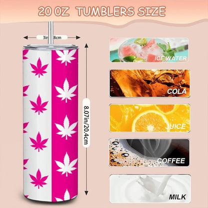 ColorFlow | Neon Pink Split Leaf Tumbler 20oz | Trendy Cannabis Stainless Steel Cup | Weed Lover Gift with Straw
