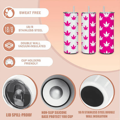 ColorFlow | Neon Pink Split Leaf Tumbler 20oz | Trendy Cannabis Stainless Steel Cup | Weed Lover Gift with Straw