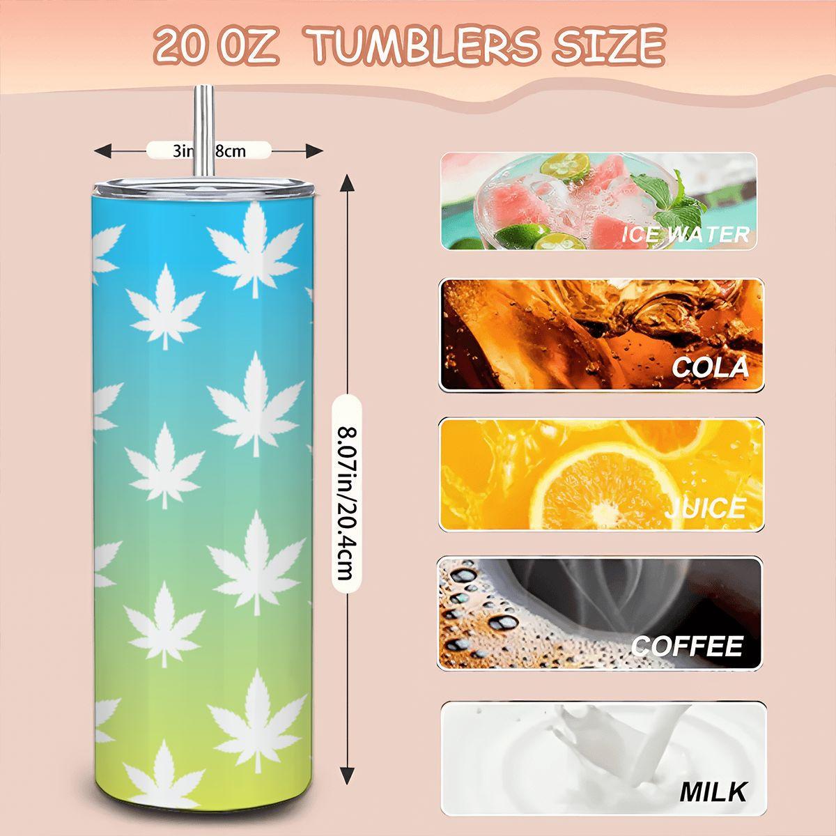 ColorFlow | Pastel Sky Leaf Tumbler 20oz | Blue Yellow Cannabis Stainless Steel Cup | Weed Gift with Straw