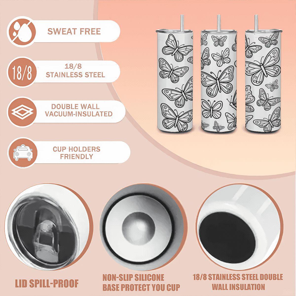 Butterfly Coloring Tumbler: DIY Stainless Steel Insulated Cup with Straw