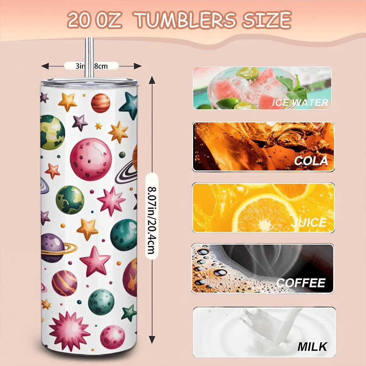 Space Planets & Stars Tumbler with Straw: Insulated Stainless Steel Galaxy Cup