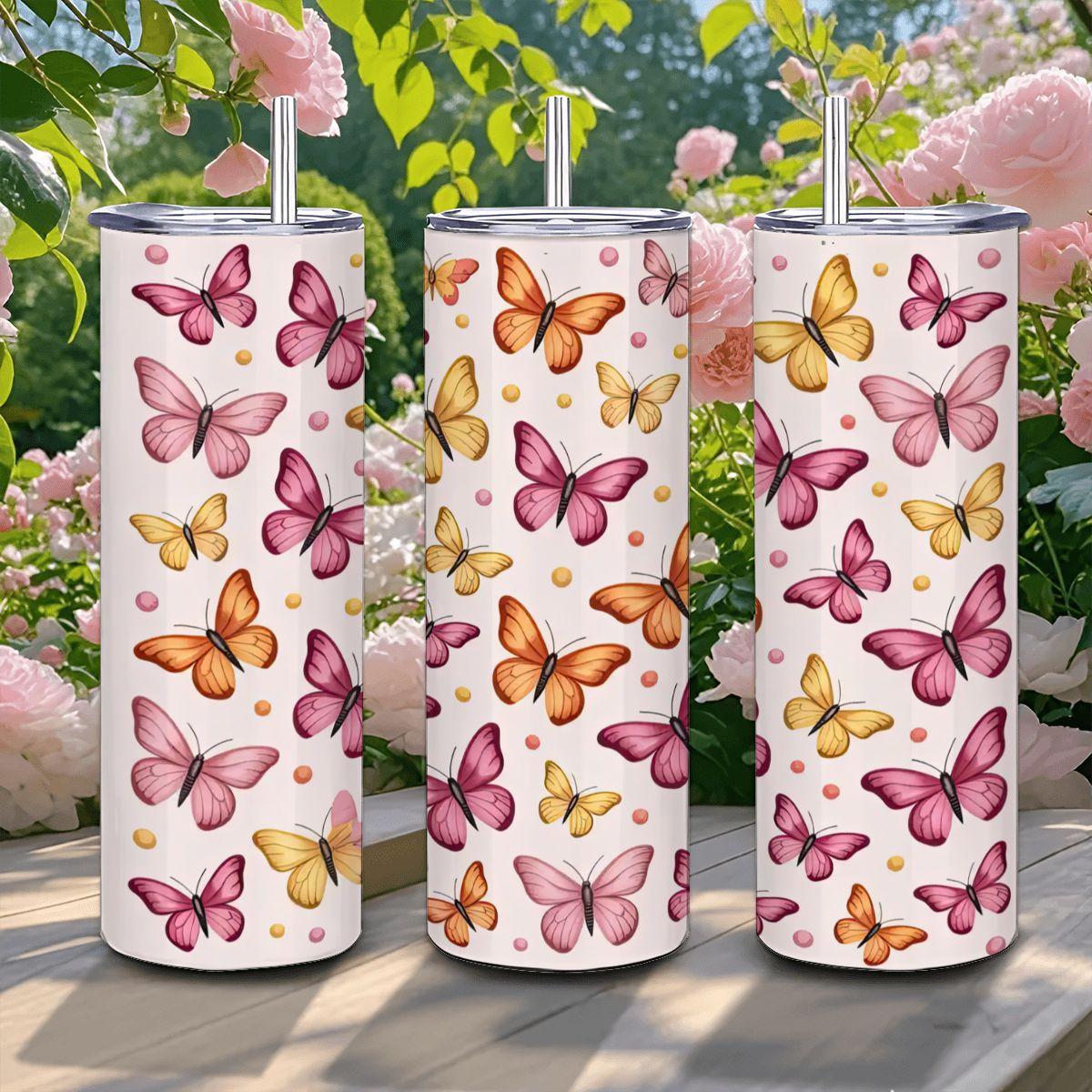 Butterfly Tumbler: Pink Orange Stainless Steel Insulated Mug