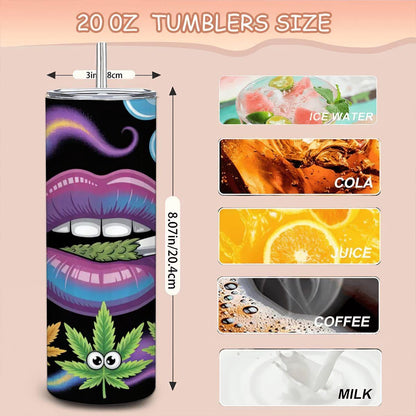 Pop Art Leaf Lips Tumbler: Retro Colorful Stainless Steel Insulated Mug