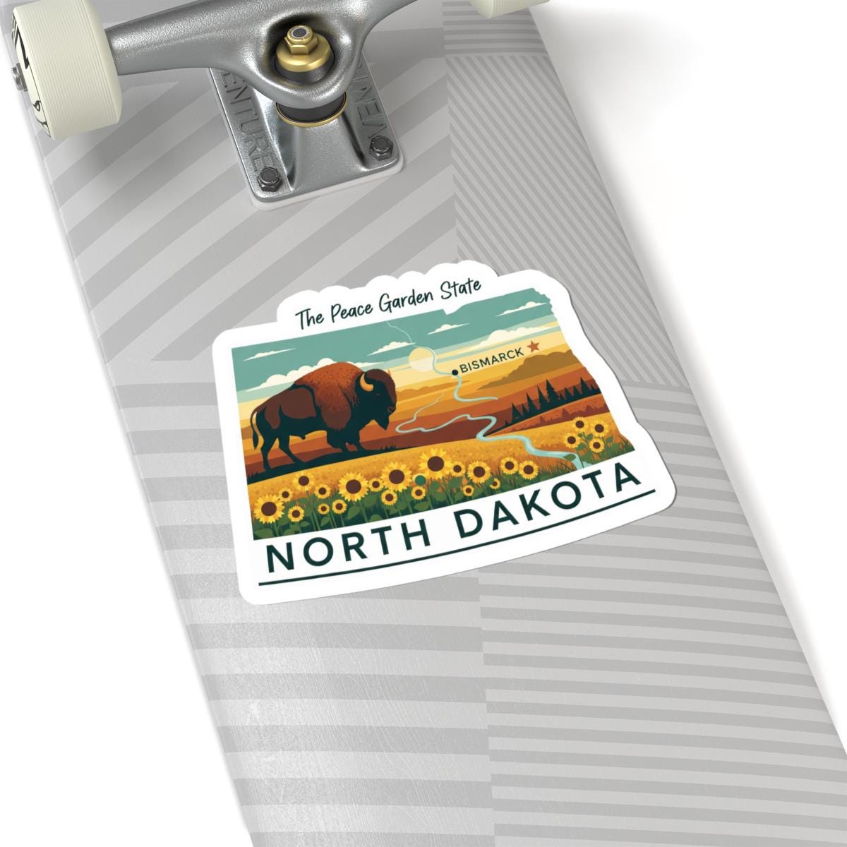 North Dakota Vinyl Sticker: Sunflower Bison Sunset - Waterproof State Decal