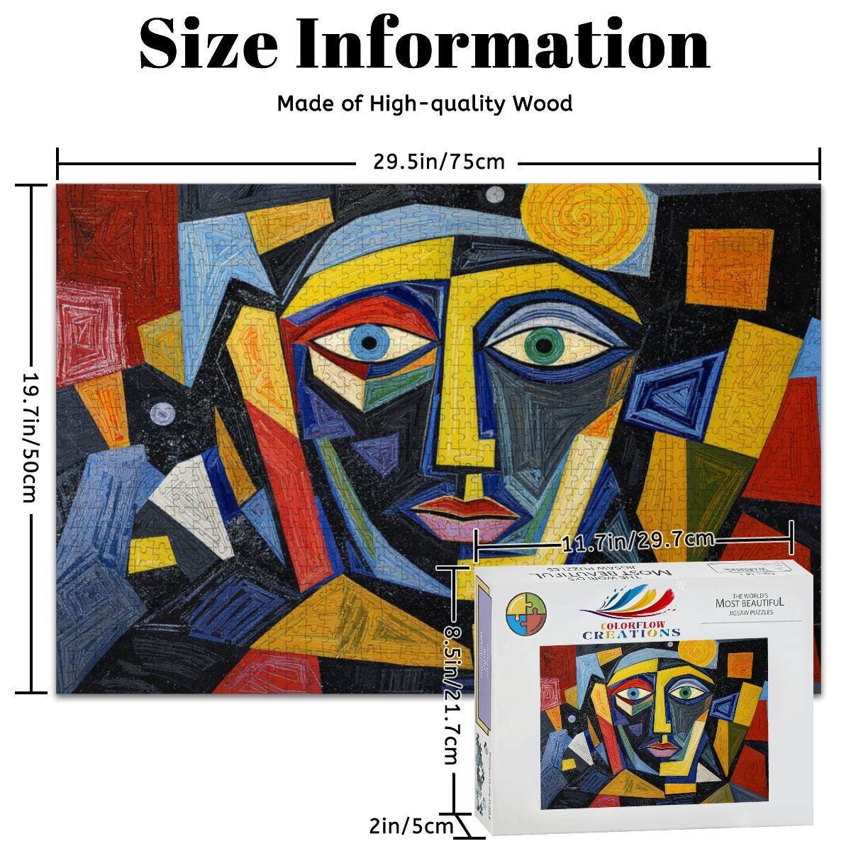 ColorFlow | Sunlit Echo Wooden Puzzle | Picasso Inspired Geometric Face Jigsaw | Modern Art Wood Puzzle Gift