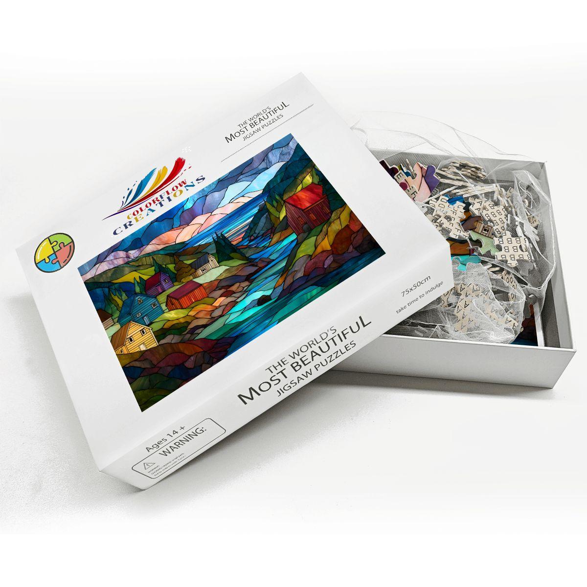 ColorFlow | Wooden Jigsaw Puzzle | Stained Glass Mountain Village Art Wood Puzzle for Adults and Kids | Relaxing Gift