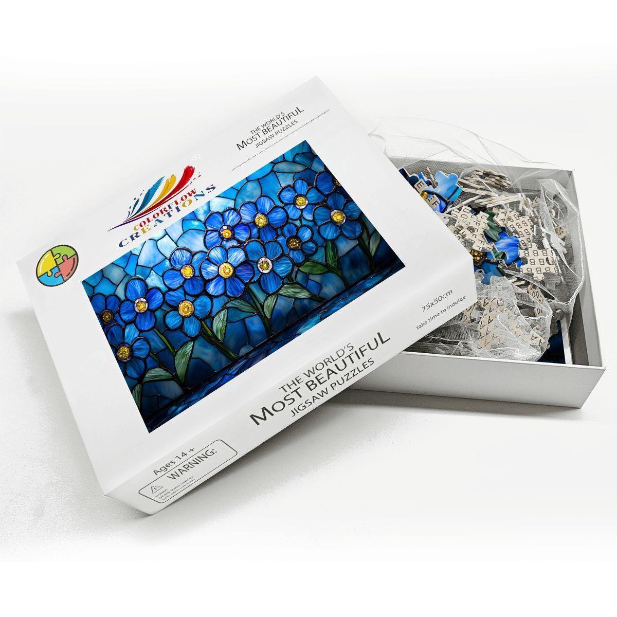 ColorFlow | Wooden Jigsaw Puzzle | Stained Glass Blue Flower Art Wood Puzzle for Adults and Kids | Relaxing Gift