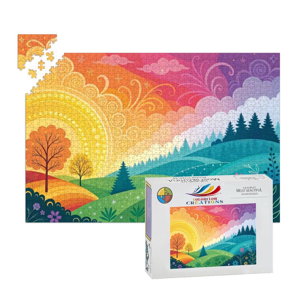ColorFlow | Wooden Jigsaw Puzzle | Sunrise Whimsy Landscape Art Wood Puzzle for Adults and Kids | Relaxing  Gift