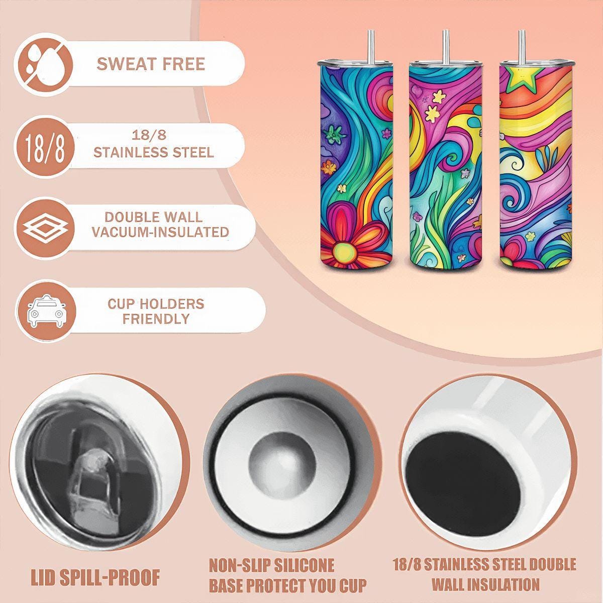 ColorFlow | Groovy Rainbow Garden 20oz Stainless Steel Tumbler with Straw | Vibrant Floral Insulated Cup for Hot or Cold Drinks