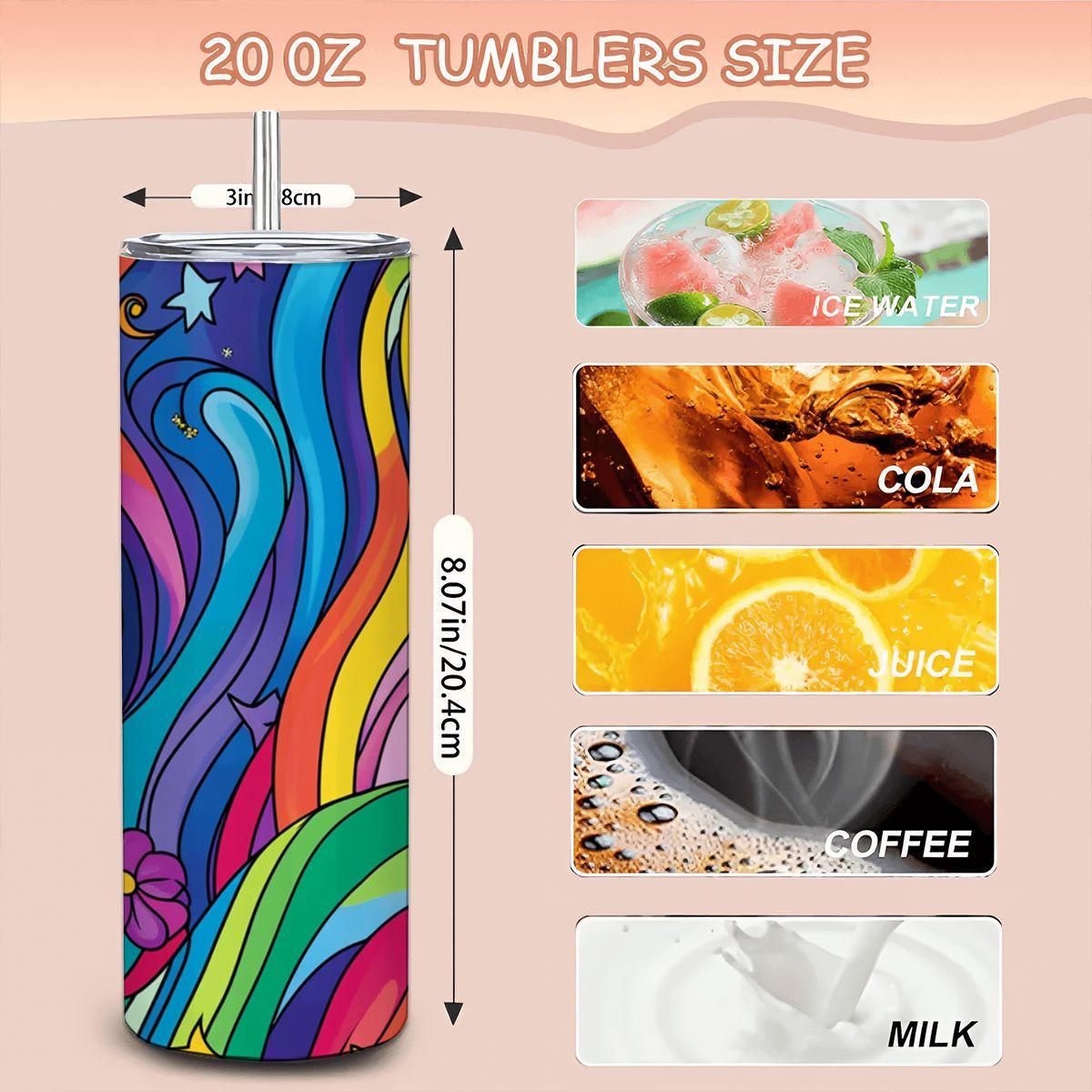 ColorFlow | Starlit Rainbow Swirl 20oz Stainless Steel Tumbler with Straw | Colorful Star Flower Insulated Mug