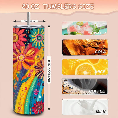 ColorFlow | Boho Rainbow Blossom 20oz Stainless Steel Tumbler with Straw | Vibrant Art Floral Insulated Cup