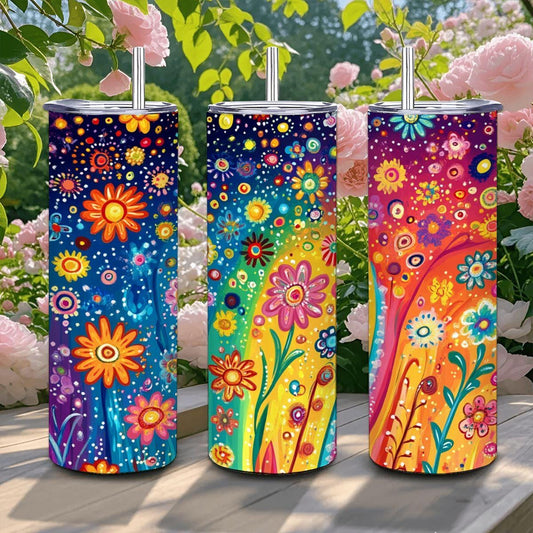 ColorFlow | Starry Rainbow Bloom 20oz Stainless Steel Tumbler with Straw | Whimsical Floral Insulated Mug