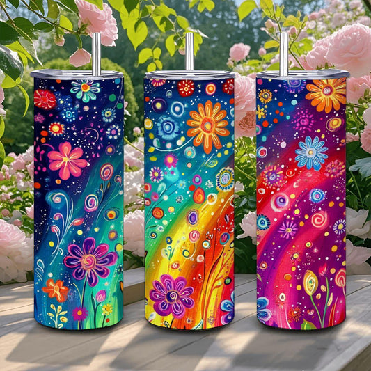 ColorFlow | Dreamy Rainbow Swirl 20oz Stainless Steel Tumbler with Straw | Whimsical Floral Art Travel Mug