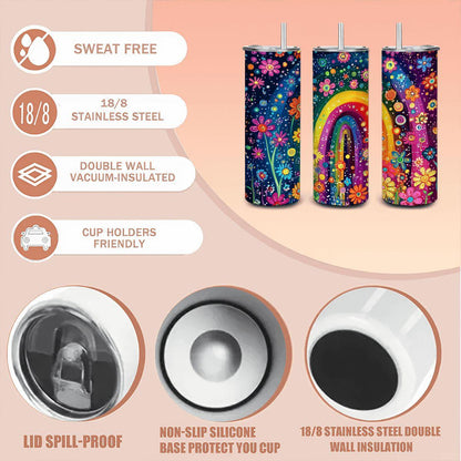 ColorFlow | Rainbow Garden Arch 20oz Stainless Steel Tumbler with Straw | Colorful Flower Field Insulated Mug