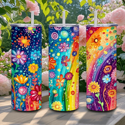 ColorFlow | Whirlwind Rainbow Garden 20oz Stainless Steel Tumbler with Straw | Vivid Floral Insulated Mug