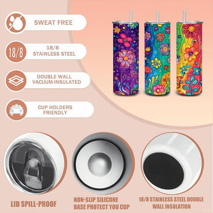 ColorFlow | Garden Party Rainbow 20oz Stainless Steel Tumbler with Straw | Whimsical Floral Art Insulated Mug