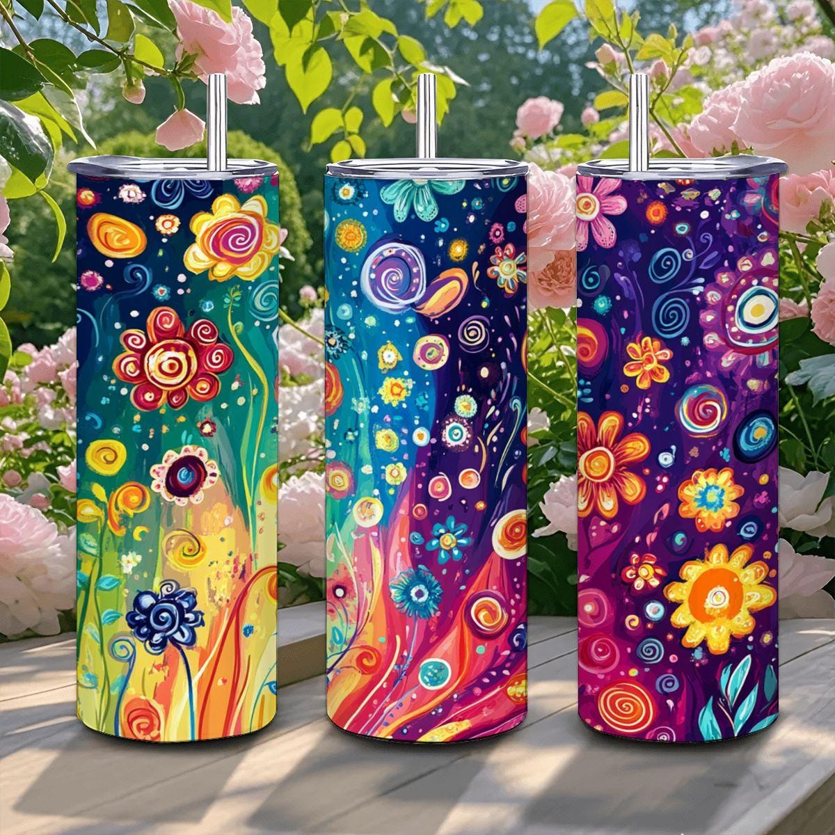 ColorFlow | Spiral Wildflower Rainbow 20oz Stainless Steel Tumbler with Straw | Vibrant Swirl Art Insulated Cup