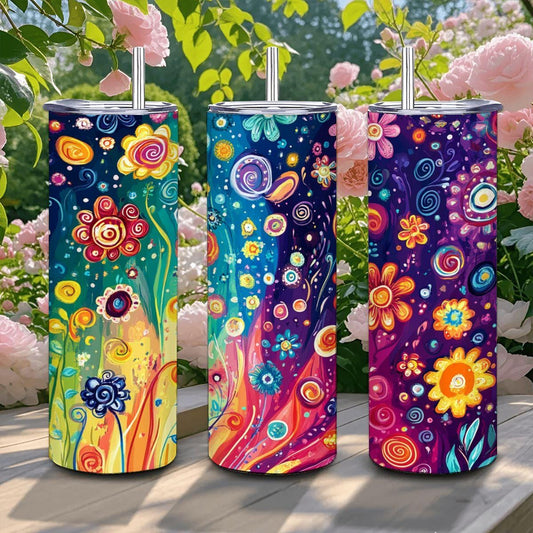 ColorFlow | Spiral Wildflower Rainbow 20oz Stainless Steel Tumbler with Straw | Vibrant Swirl Art Insulated Cup