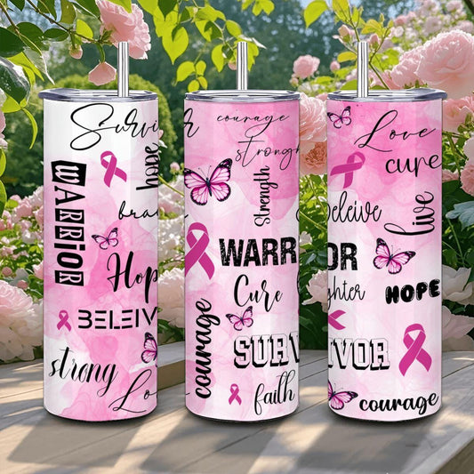 ColorFlow | Pink Breast Cancer Warrior 20oz Stainless Tumbler with Straw | Survivor Support Gift | Hope Courage Mug