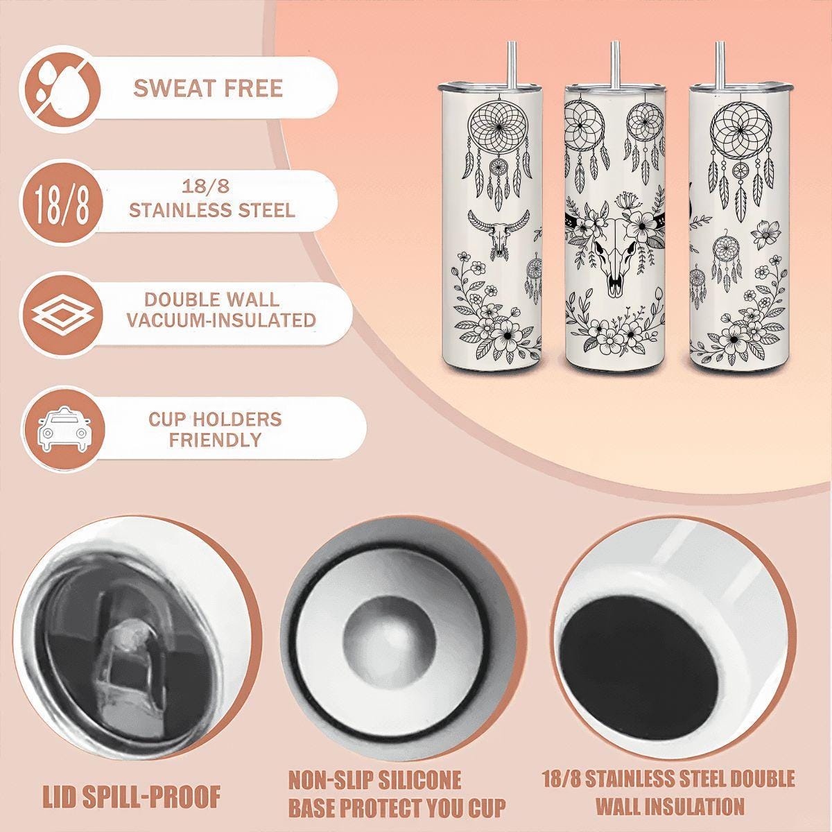 ColorFlow | Boho Western Floral Dreamcatcher 20oz Stainless Tumbler with Straw | Skull Art Coffee Mug | Gift for Her