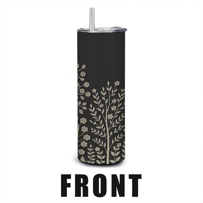 ColorFlow | Elegant Floral Tree 20oz Stainless Steel Tumbler with Straw | Black Botanical Travel Mug | Nature Lover Gift