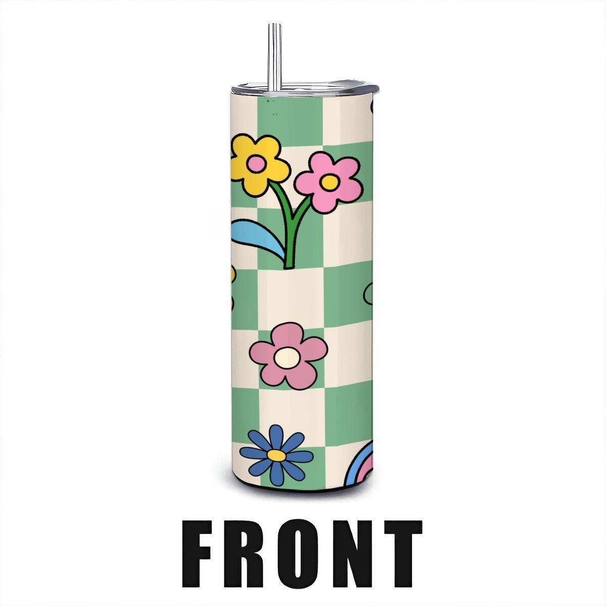 ColorFlow | Checkerboard Bloom 20oz Stainless Steel Tumbler with Straw | Retro Floral Insulated Cup | Colorful Gift Idea