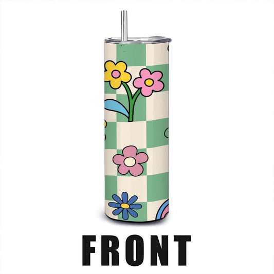 ColorFlow | Checkerboard Bloom 20oz Stainless Steel Tumbler with Straw | Retro Floral Insulated Cup | Colorful Gift Idea