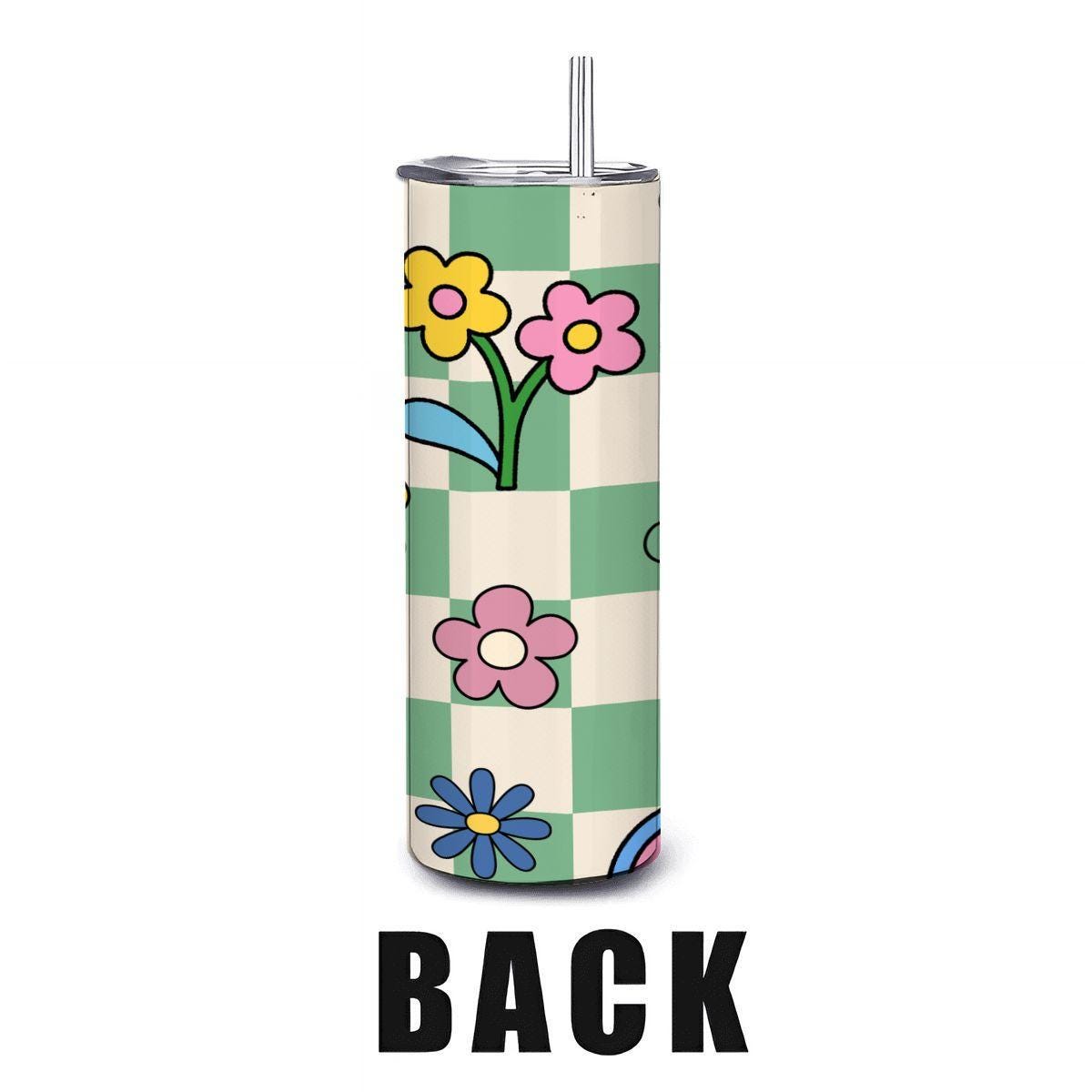 ColorFlow | Checkerboard Bloom 20oz Stainless Steel Tumbler with Straw | Retro Floral Insulated Cup | Colorful Gift Idea