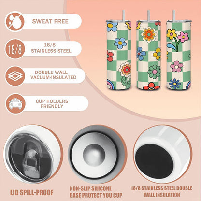 ColorFlow | Checkerboard Bloom 20oz Stainless Steel Tumbler with Straw | Retro Floral Insulated Cup | Colorful Gift Idea