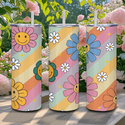 ColorFlow | Smiley Flower Power 20oz Stainless Steel Tumbler with Straw | Pastel Retro Insulated Cup | Happy Gift