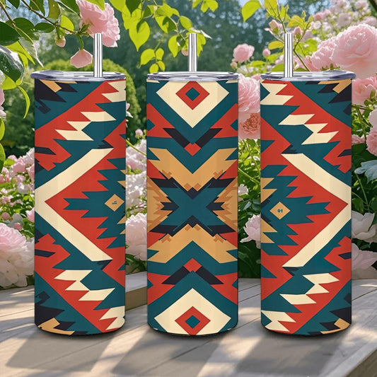 ColorFlow | Desert Aztec Southwestern Pattern 20oz Stainless Steel Tumbler with Straw | Insulated Tribal Travel Mug Gift
