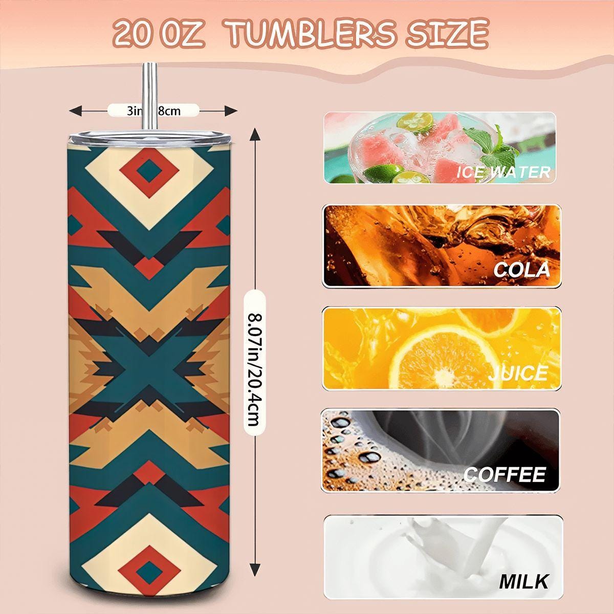 ColorFlow | Desert Aztec Southwestern Pattern 20oz Stainless Steel Tumbler with Straw | Insulated Tribal Travel Mug Gift