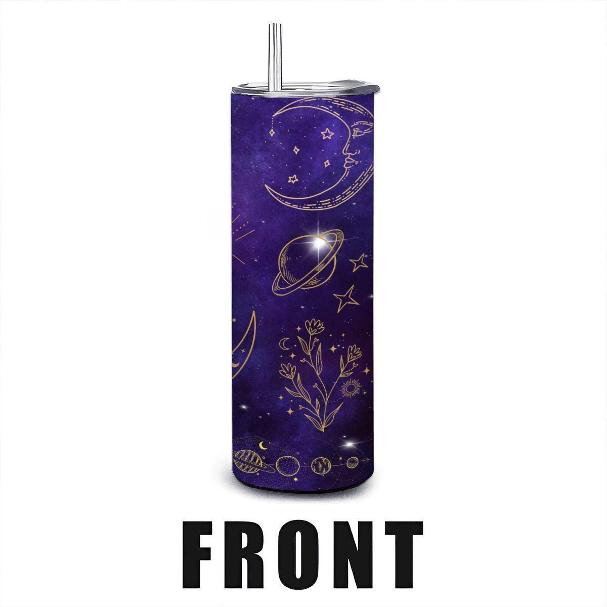 ColorFlow | Celestial Gold Cosmic 20oz Stainless Steel Tumbler with Straw | Moon Sun Galaxy Astrology Travel Mug Gift