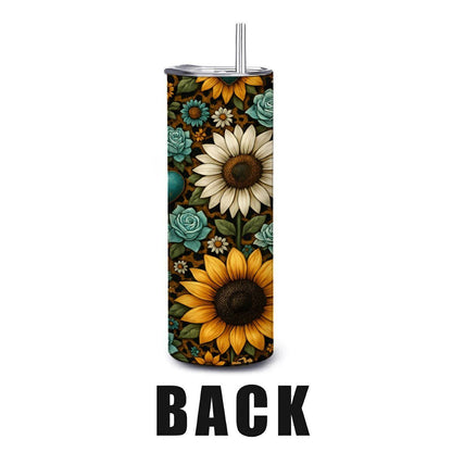 ColorFlow | Sunflower Turquoise Rose Tumbler | 20oz Stainless Steel | Boho Floral Heart Travel Mug | Insulated Cup with Straw