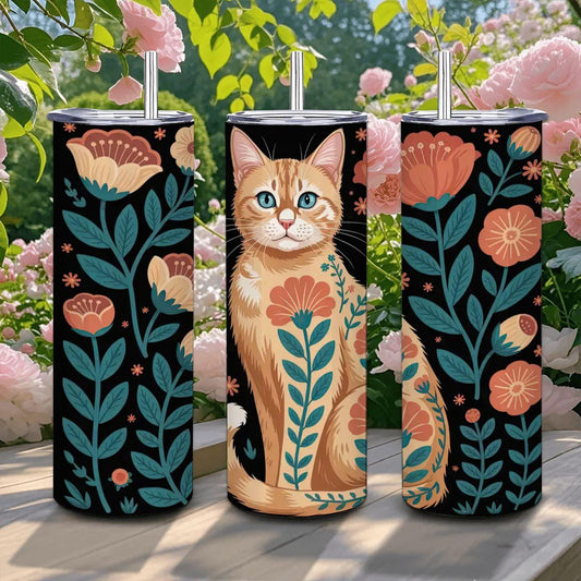 Floral Orange Cat Tumbler: 20oz Insulated Stainless Steel Mug