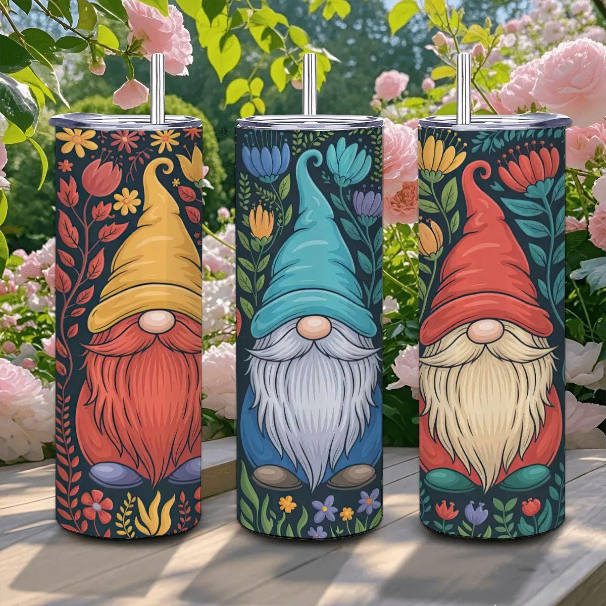 Whimsical Gnome Tumbler: Floral Garden 20oz Insulated Stainless Steel Mug