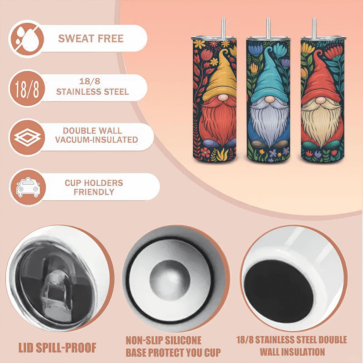 Whimsical Gnome Tumbler: Floral Garden 20oz Insulated Stainless Steel Mug
