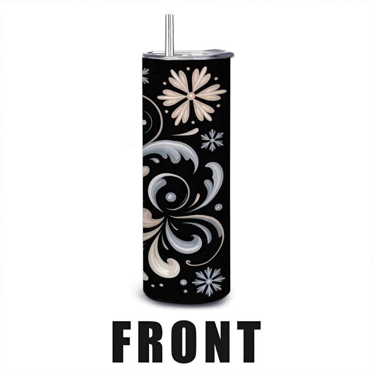 ColorFlow | Elegant Snowflake Swirl Tumbler | 20oz Stainless Steel | Winter Insulated Mug | Black Holiday Cup with Straw