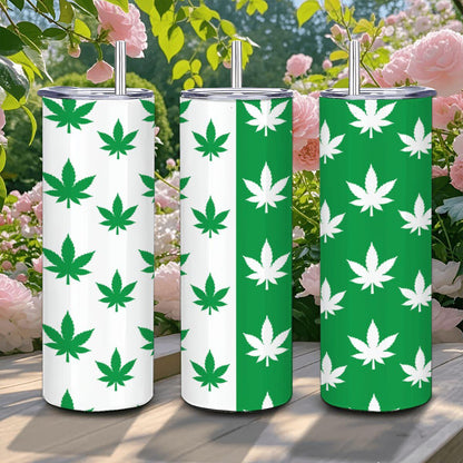ColorFlow | Split Leaf Style Tumbler 20oz | Green White Cannabis Stainless Steel Cup | Weed Lover Gift with Straw
